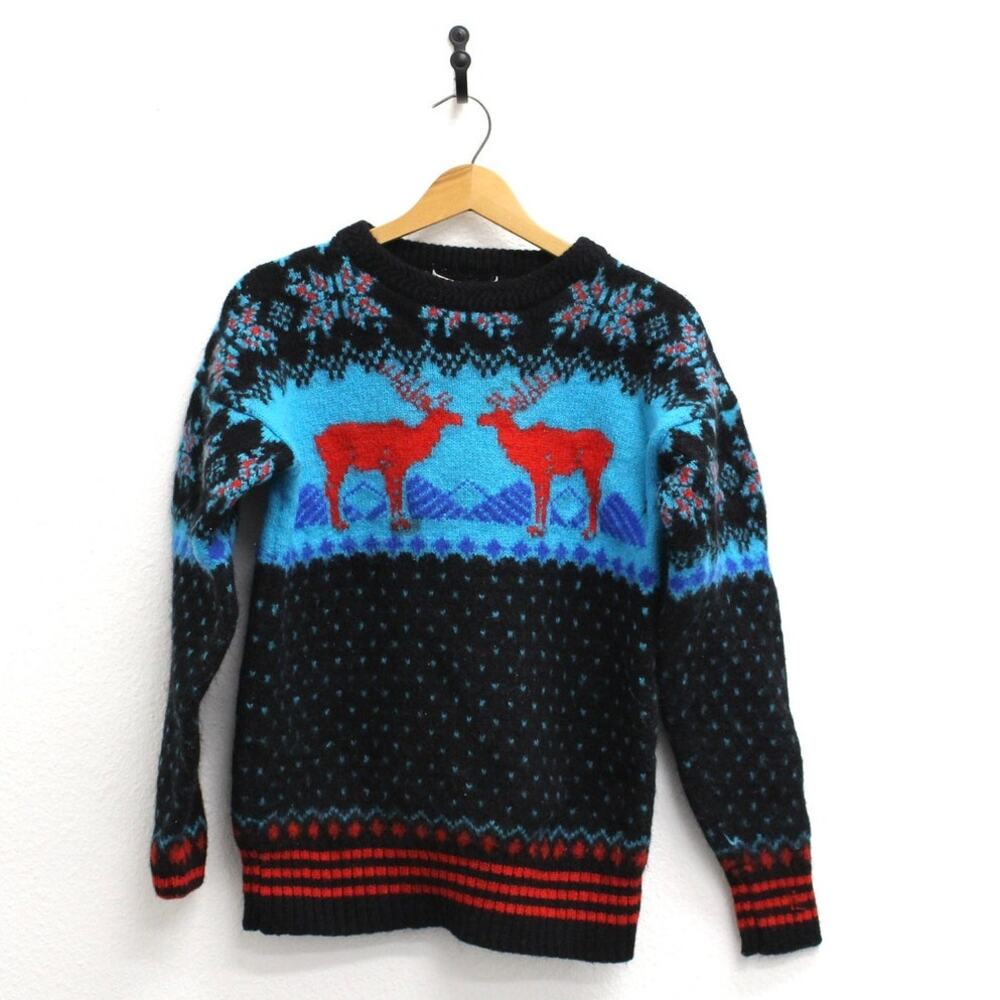 Vintage 80s Moose Snowflake Nordic Fair Isle Knit Sweater Size XL